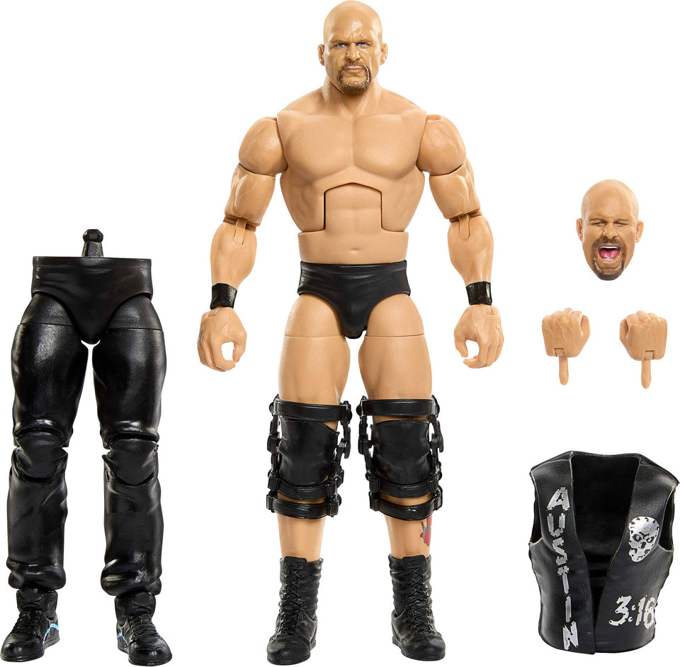 Mattel WWE Elite Stone Cold Steve Austin action figure for display and posing options.