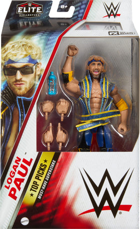 Mattel WWE Logan Paul Elite Top Picks figure ring gear showcase enhances authentic presentation.