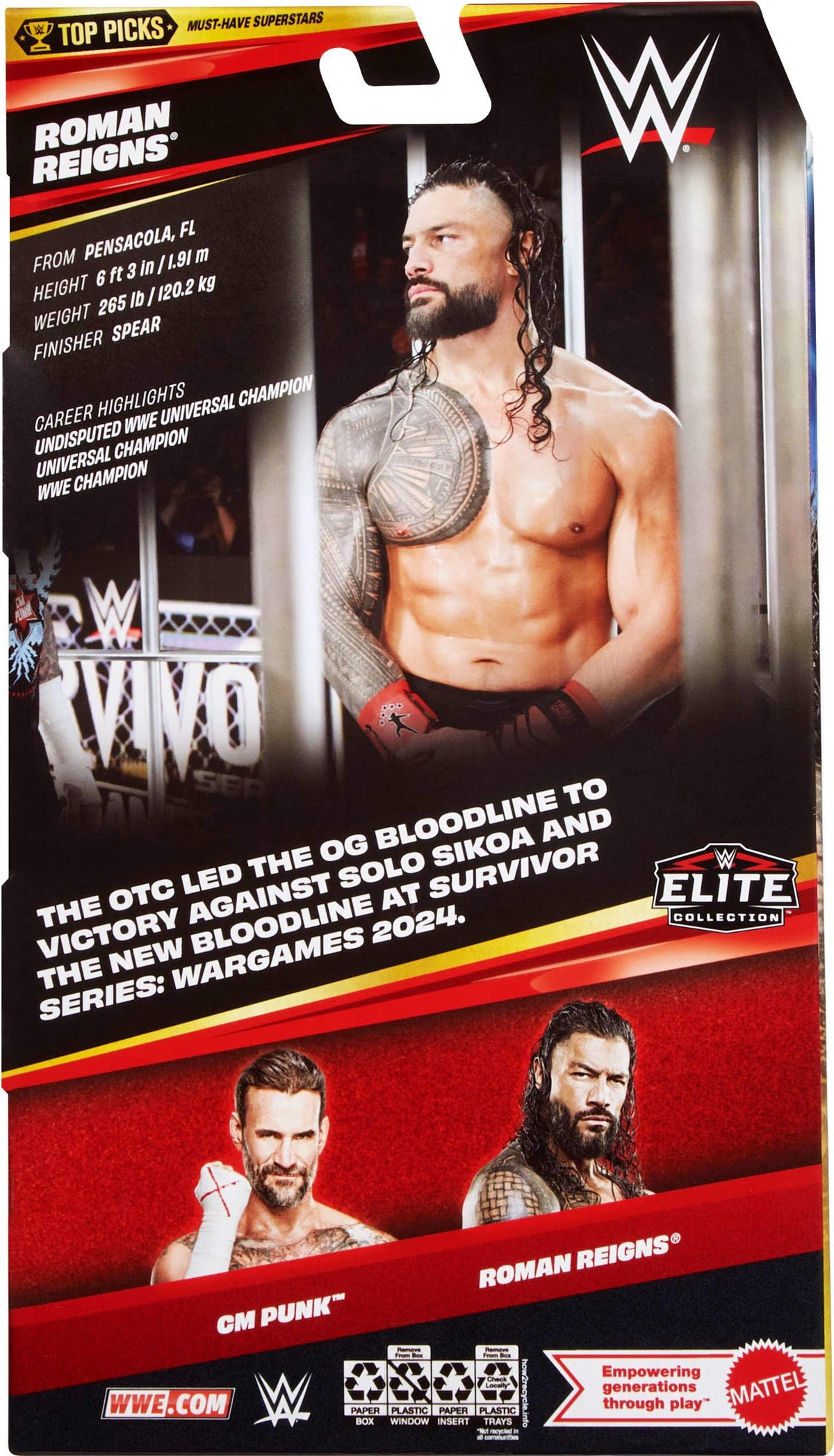 Mattel WWE Elite Top Picks Roman Reigns accessories for play and display.