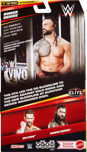Mattel WWE Elite Top Picks Roman Reigns accessories for play and display.