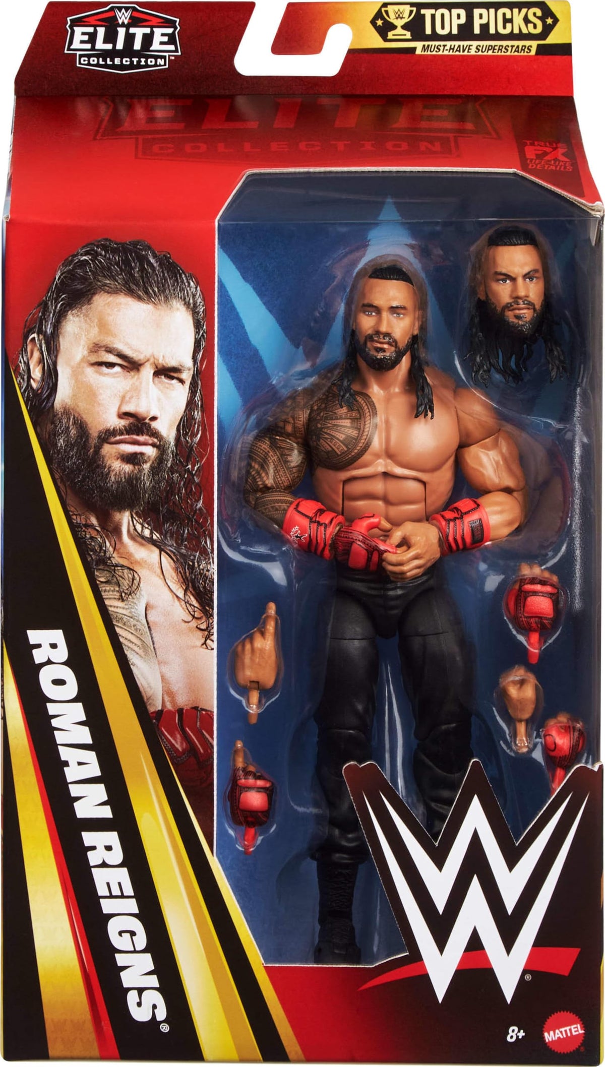 Mattel WWE Elite Top Picks Roman Reigns ring gear for authentic display.
