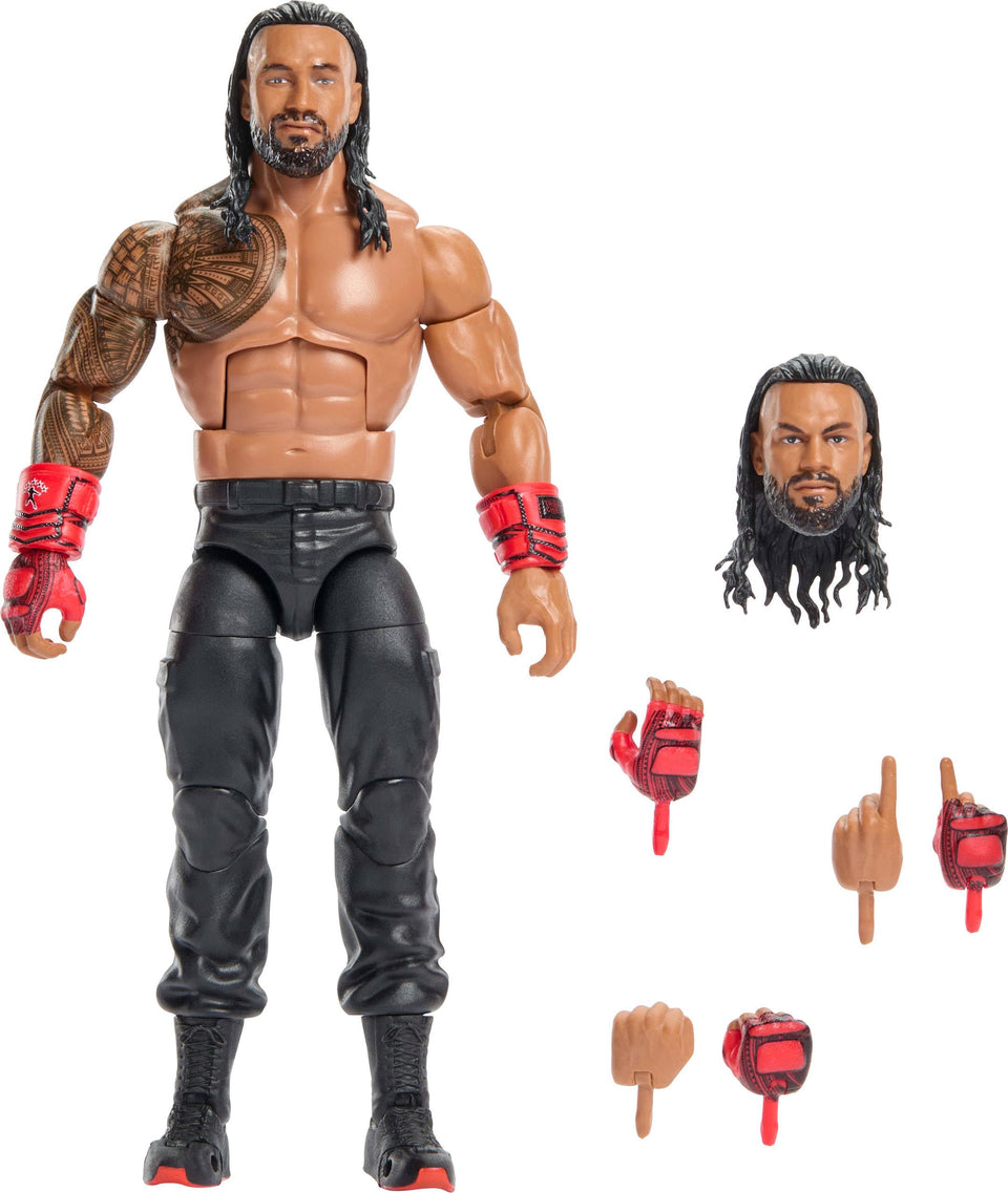 Mattel WWE Elite Top Picks Roman Reigns figure with swappable hands for dynamic poses.