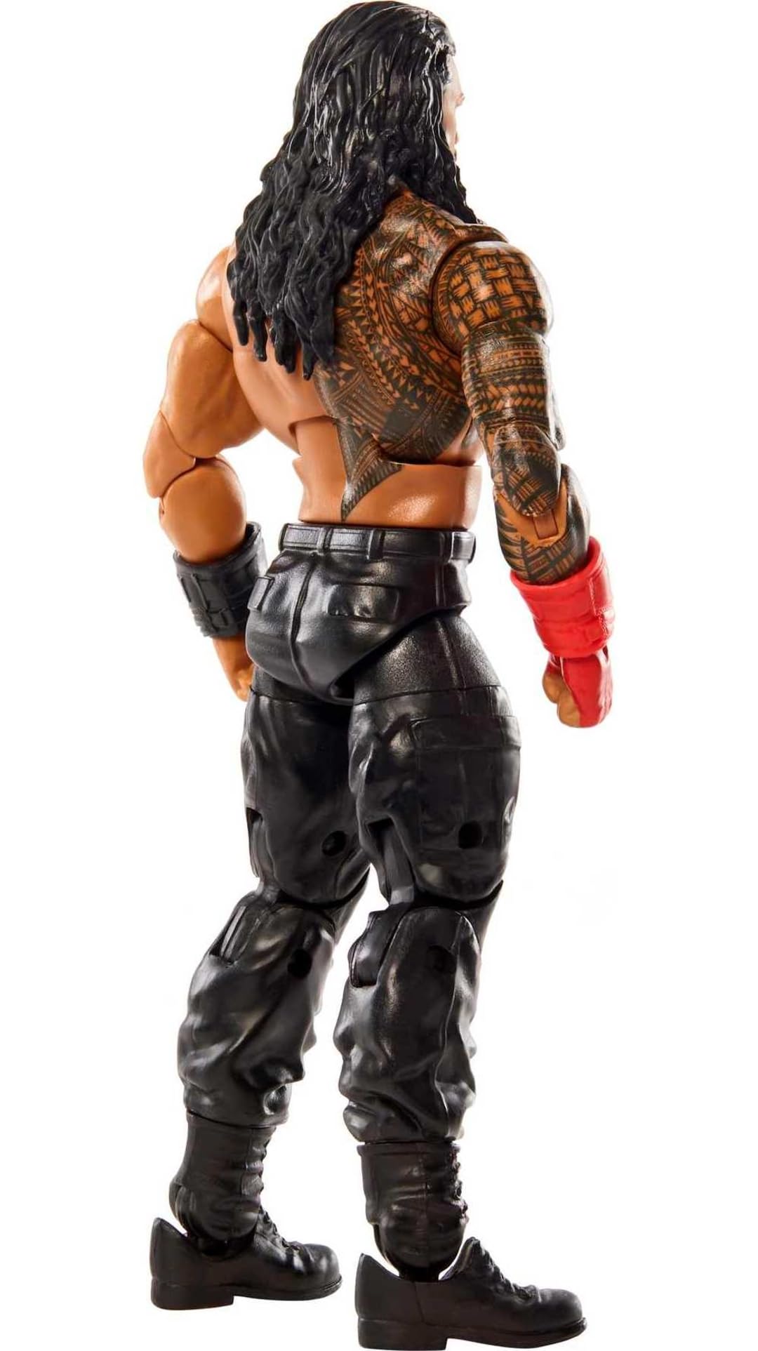 Mattel WWE Elite TrueFX detailing on Roman Reigns gear for realism.