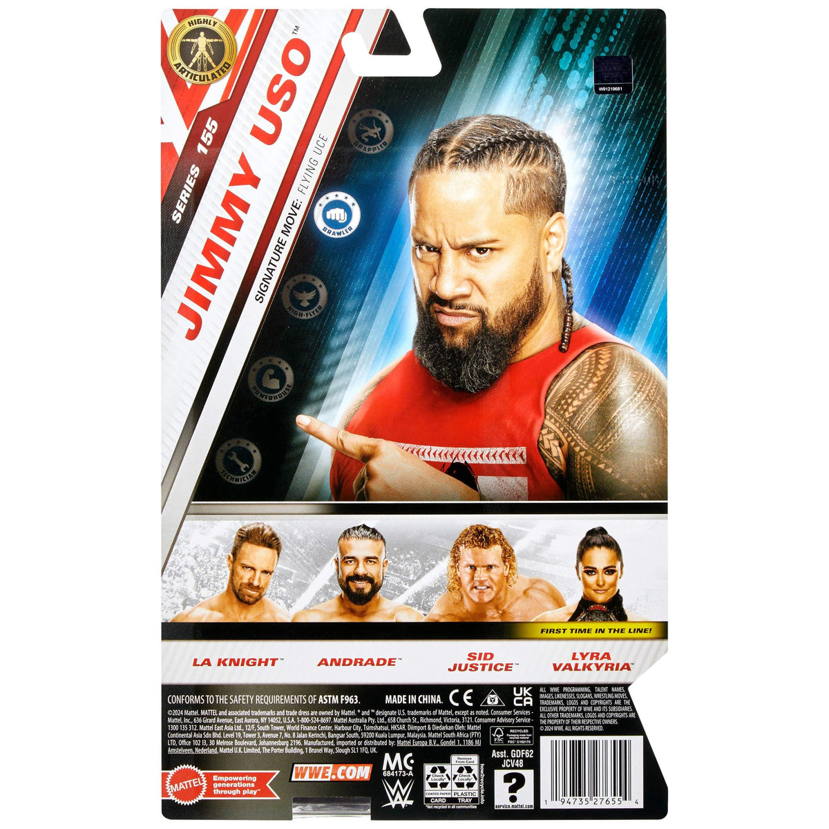 Mattel WWE Jimmy USO figure from Main Event Series 155 sits ready for fans