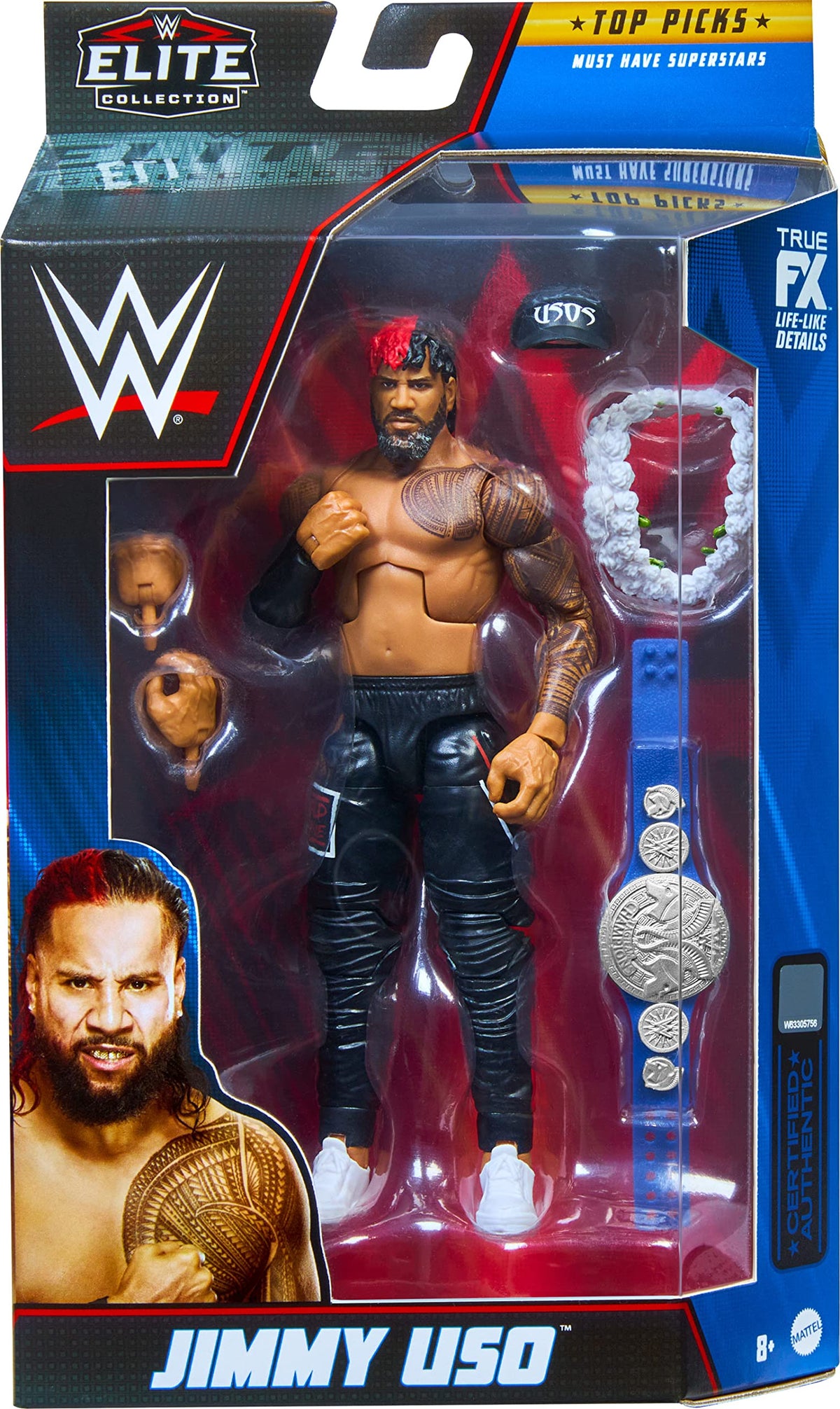 Mattel WWE Jimmy Uso Top Picks Elite figure stands 6 inches tall for compact shelf display
