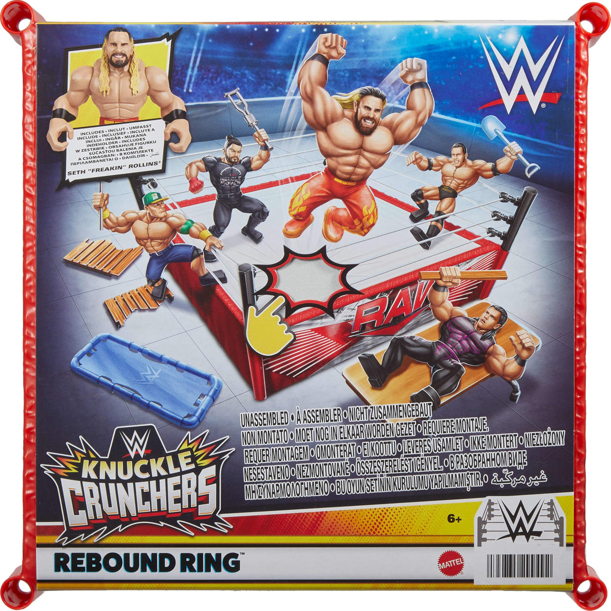 Mattel WWE Knuckle Crunchers bounce scene with Seth Rollins in action.