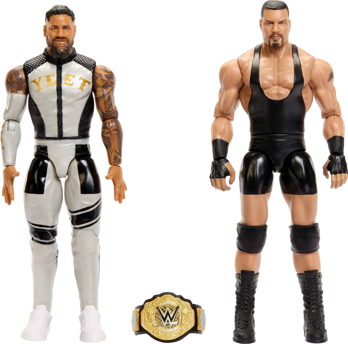 Mattel WWE Main Event Showdown Bron Breakker figure front highlights authentic ring gear for dynamic posing