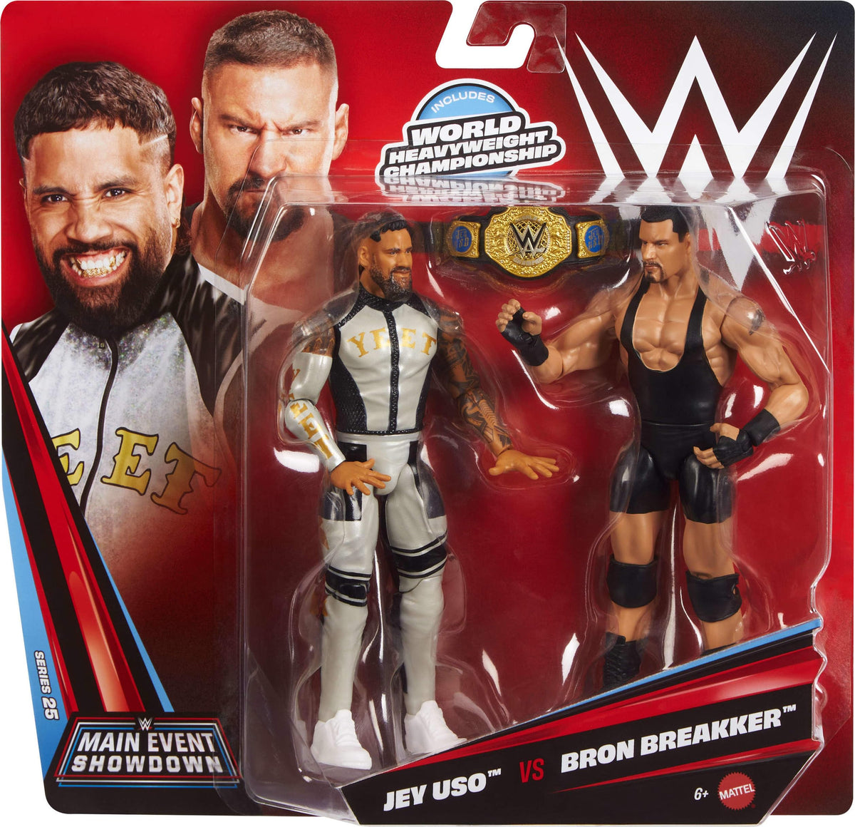 Mattel WWE Main Event Showdown Jey USO figure front captures signature styling for display collection