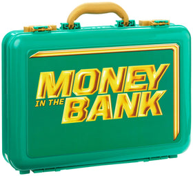 Mattel WWE Money in the Bank carrying case showing storage capacity for eight figures and titles.