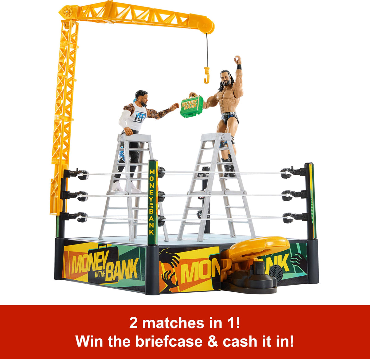 Mattel WWE Money in the Bank ladder and briefcase setup enhances dramatic finishes.