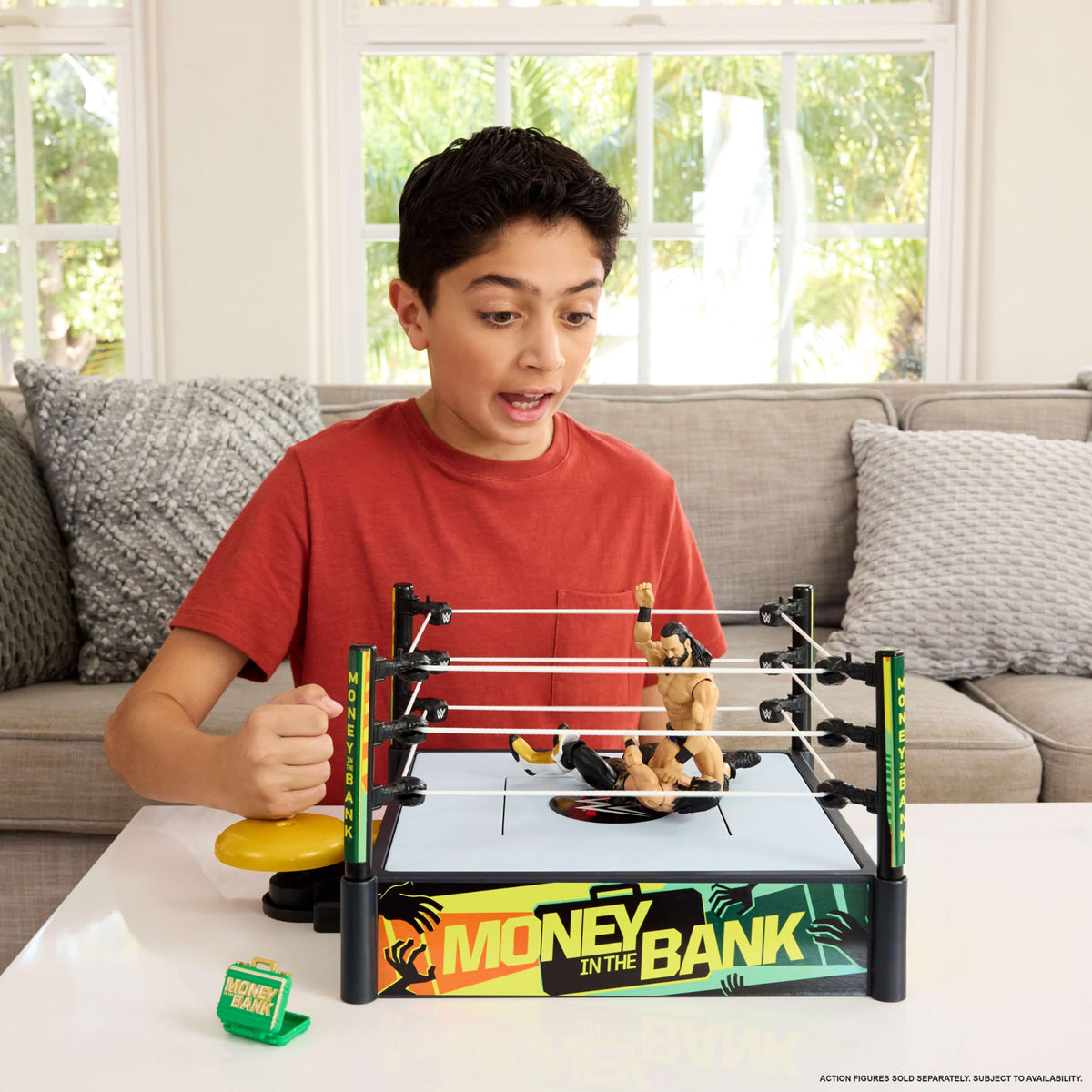 Mattel WWE Money in the Bank ring playset side view highlights two play modes.