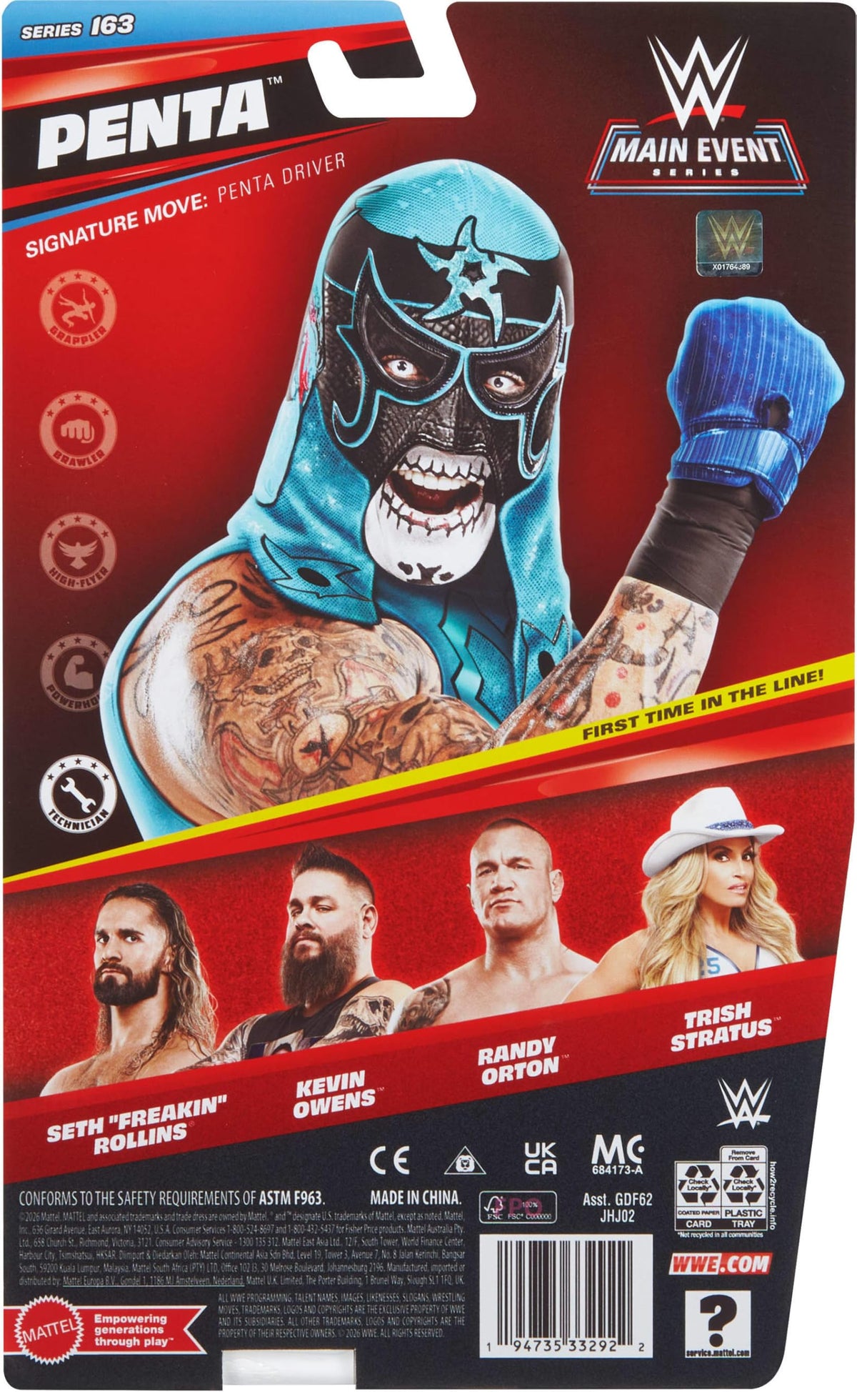 Mattel WWE Penta action figure packaging highlights collectible status for fans.