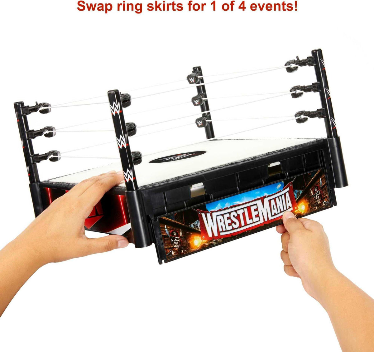 Mattel WWE Superstar Ring four-apron stickers showcase event-themed battles.