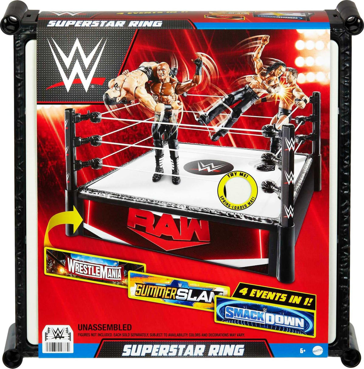 Mattel WWE Superstar Ring Pro-Tension Ropes enable fast attack launches.