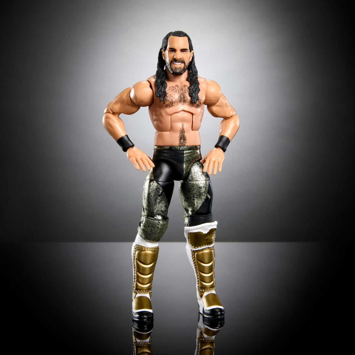 Mattel WWE Top Picks Seth Rollins figure wearing iconic ring gear for authentic display.