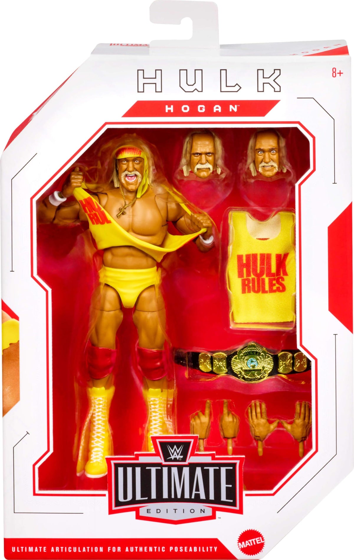 Mattel WWE Hulk Hogan Ultimate Edition figure showing swappable heads and hands for expressive setups.