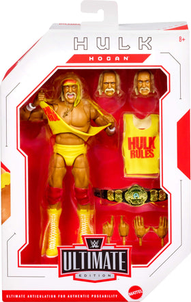Mattel WWE Hulk Hogan Ultimate Edition figure showing swappable heads and hands for expressive setups.