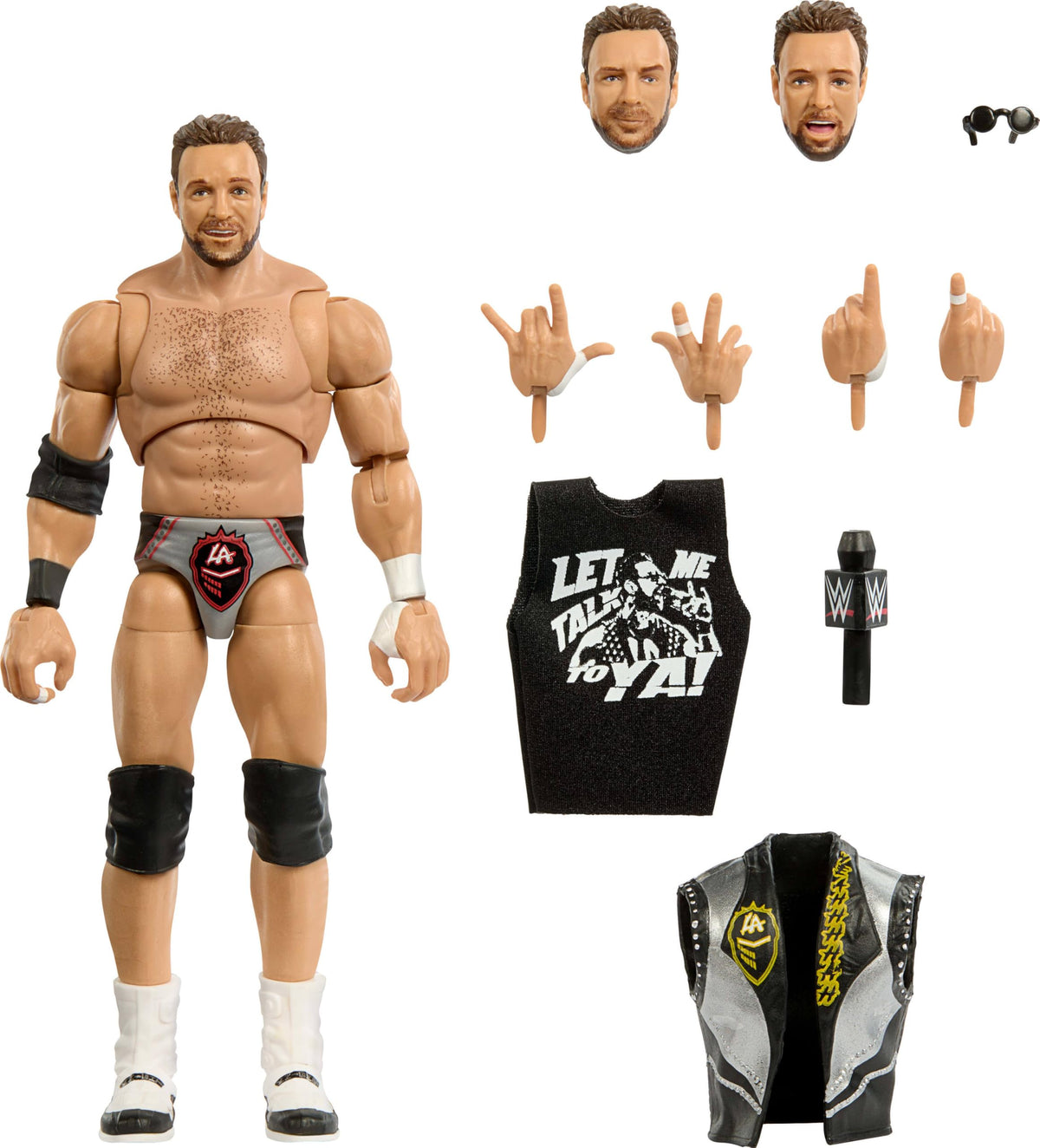 Mattel WWE Ultimate Edition LA Knight figure with lifelike face and poseable torso for display.