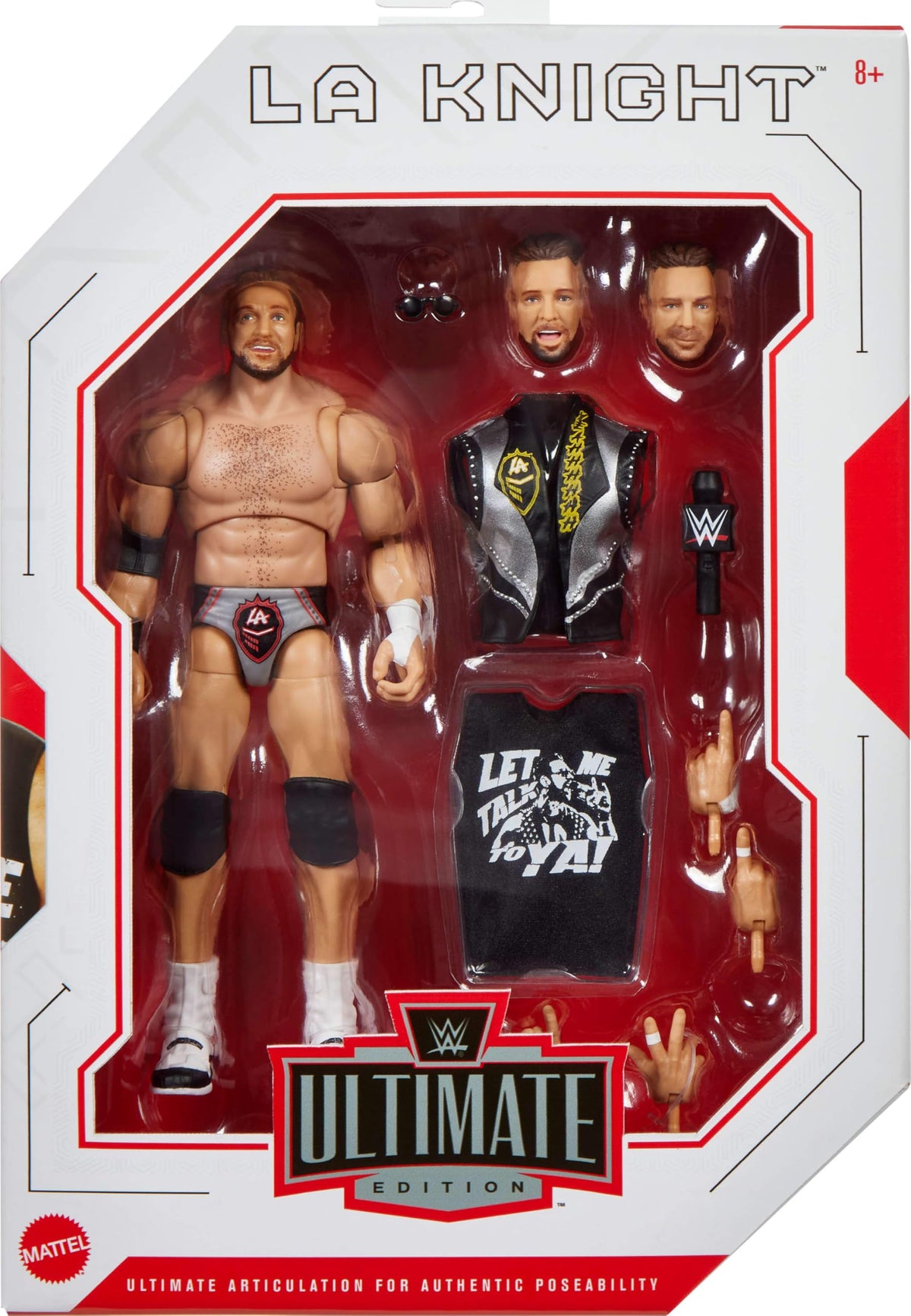 Mattel WWE Ultimate Edition LA Knight swappable heads enhance expressiveness for dynamic storytelling.
