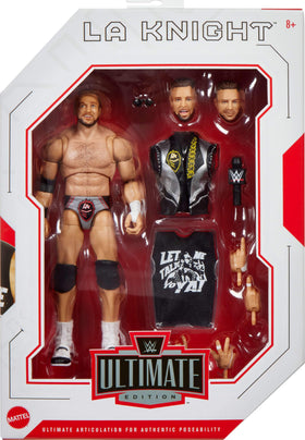 Mattel WWE Ultimate Edition LA Knight swappable heads enhance expressiveness for dynamic storytelling.