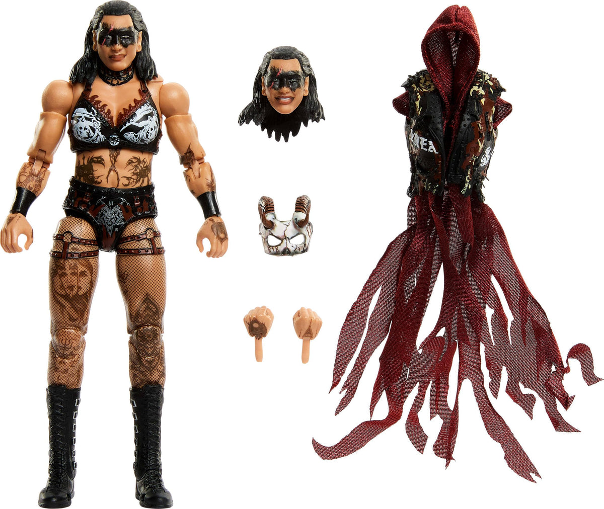 Mattel WWE Ultimate Edition Rhea Ripley figure with swappable heads and hands for customizable poses.