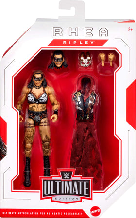 Mattel WWE Ultimate Edition Rhea Ripley highlights TrueFX facial detail for lifelike display.
