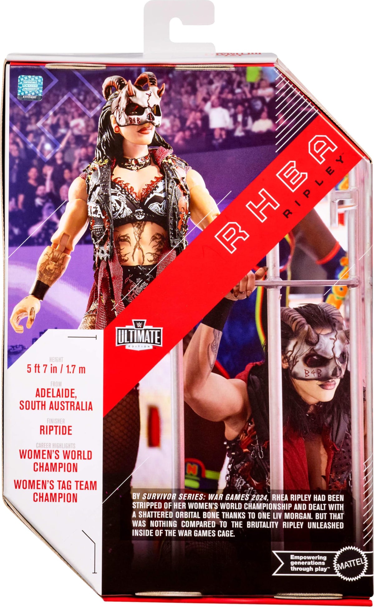 Mattel WWE Ultimate Edition Rhea Ripley 6-inch figure ideal for action poses in photos.