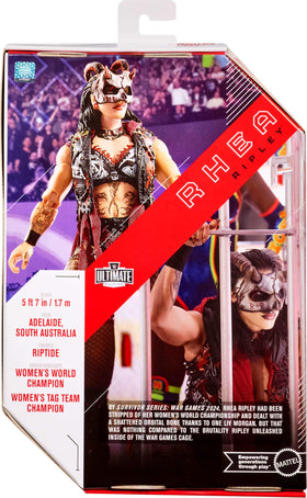 Mattel WWE Ultimate Edition Rhea Ripley 6-inch figure ideal for action poses in photos.