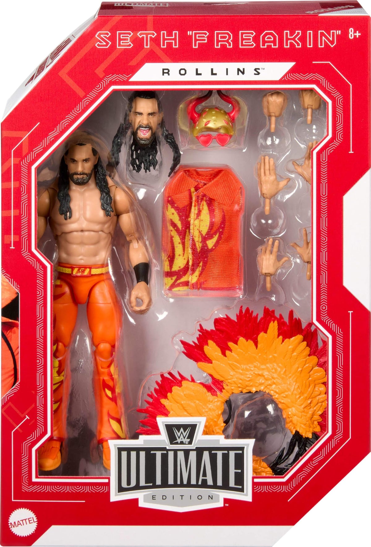Mattel WWE Seth Rollins heads collection shows interchangeable heads for varied poses.