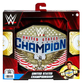 Mattel WWE US Championship belt closeup with metallic medallions for authentic style.