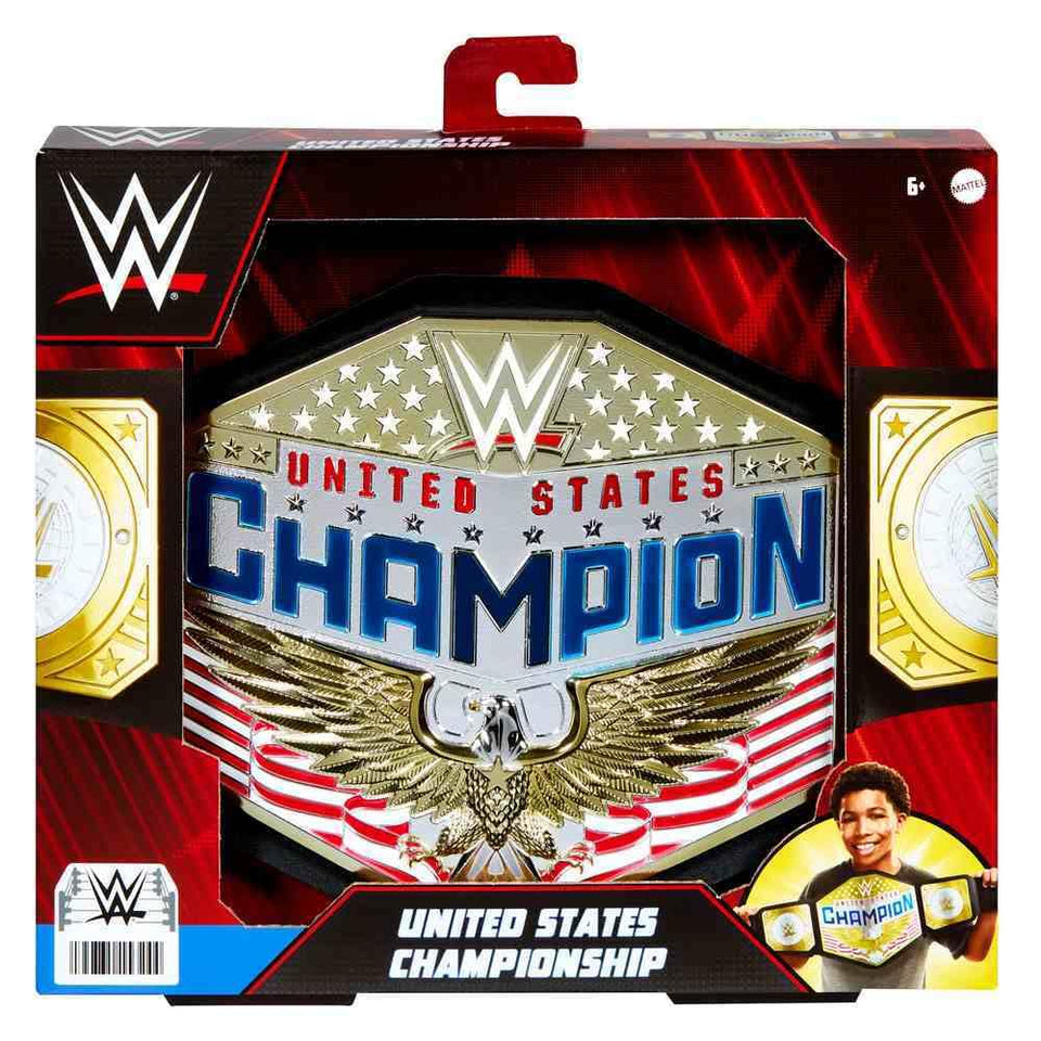 Mattel WWE US Championship belt closeup with metallic medallions for authentic style.