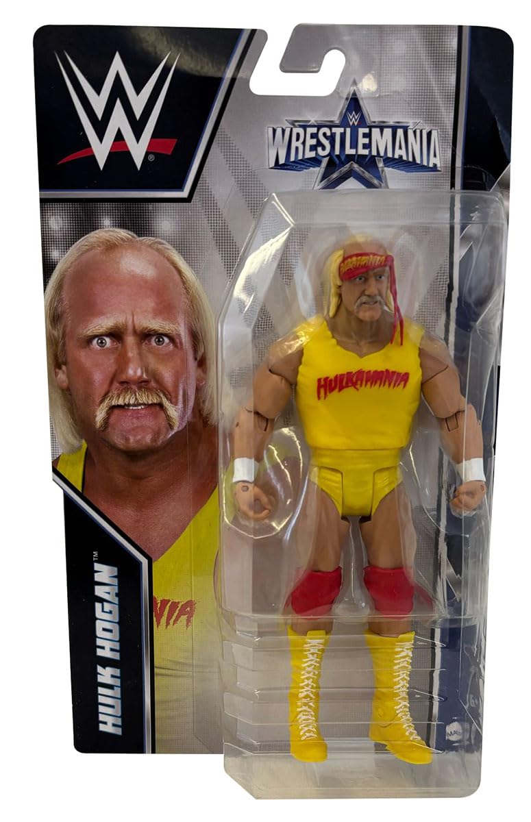 Mattel WWE WrestleMania Hulk Hogan figure front view for display and play.
