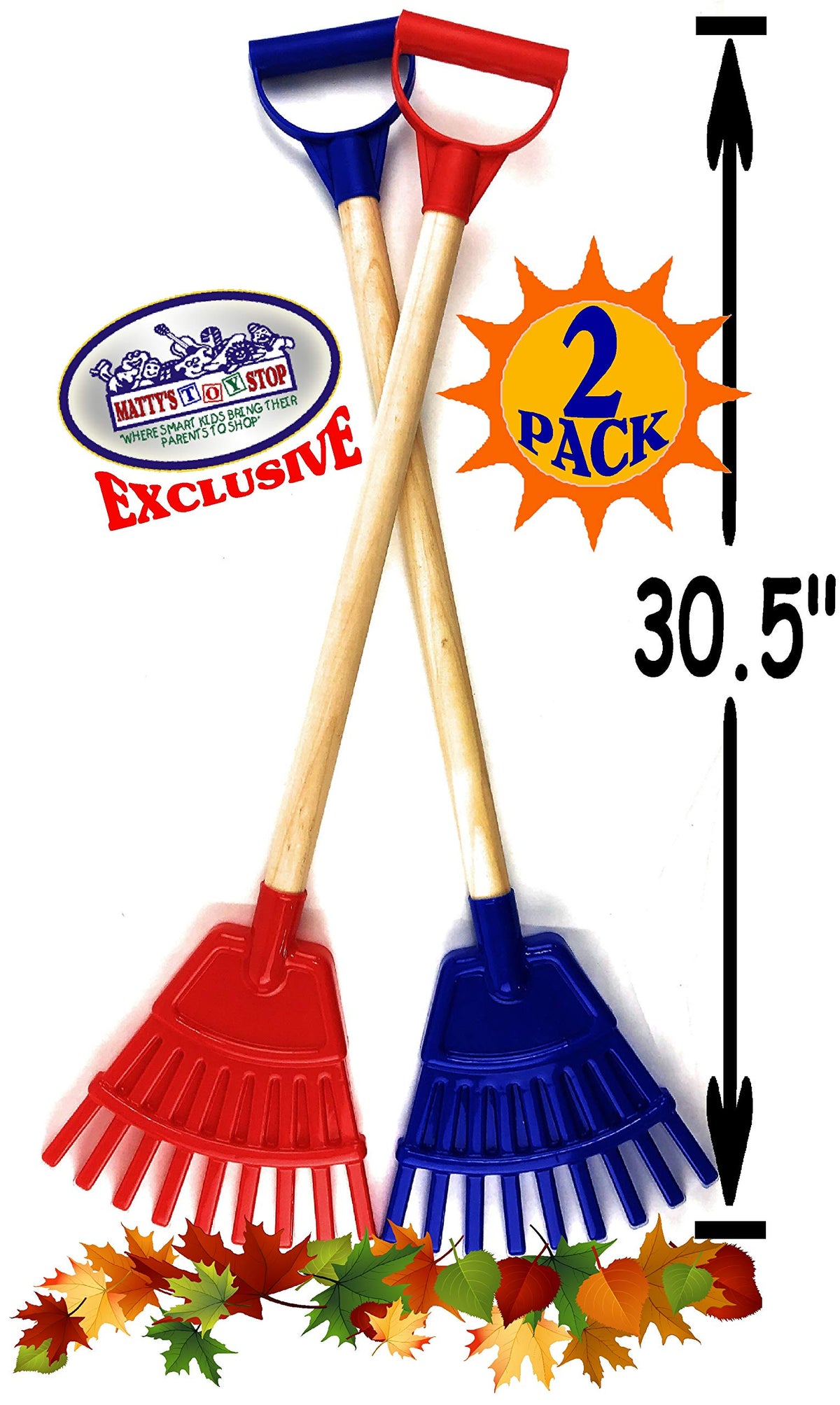 Matty's Toy Stop 30.5in wooden kids rake blue, encourages easy yard cleanup by little hands.