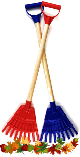 Matty's Toy Stop 30.5in wooden kids rake red, sturdy outdoor play for young gardeners.