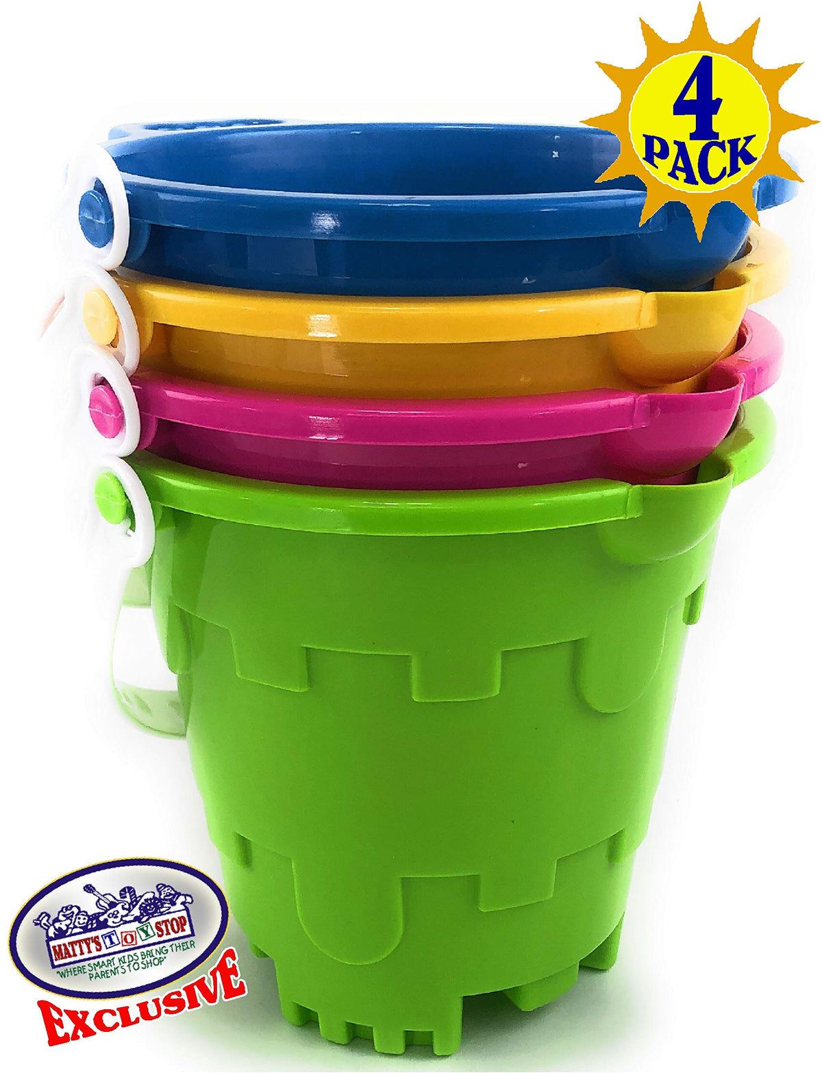 Matty's Toy Stop green bucket ready for seashell hunts and castle construction.