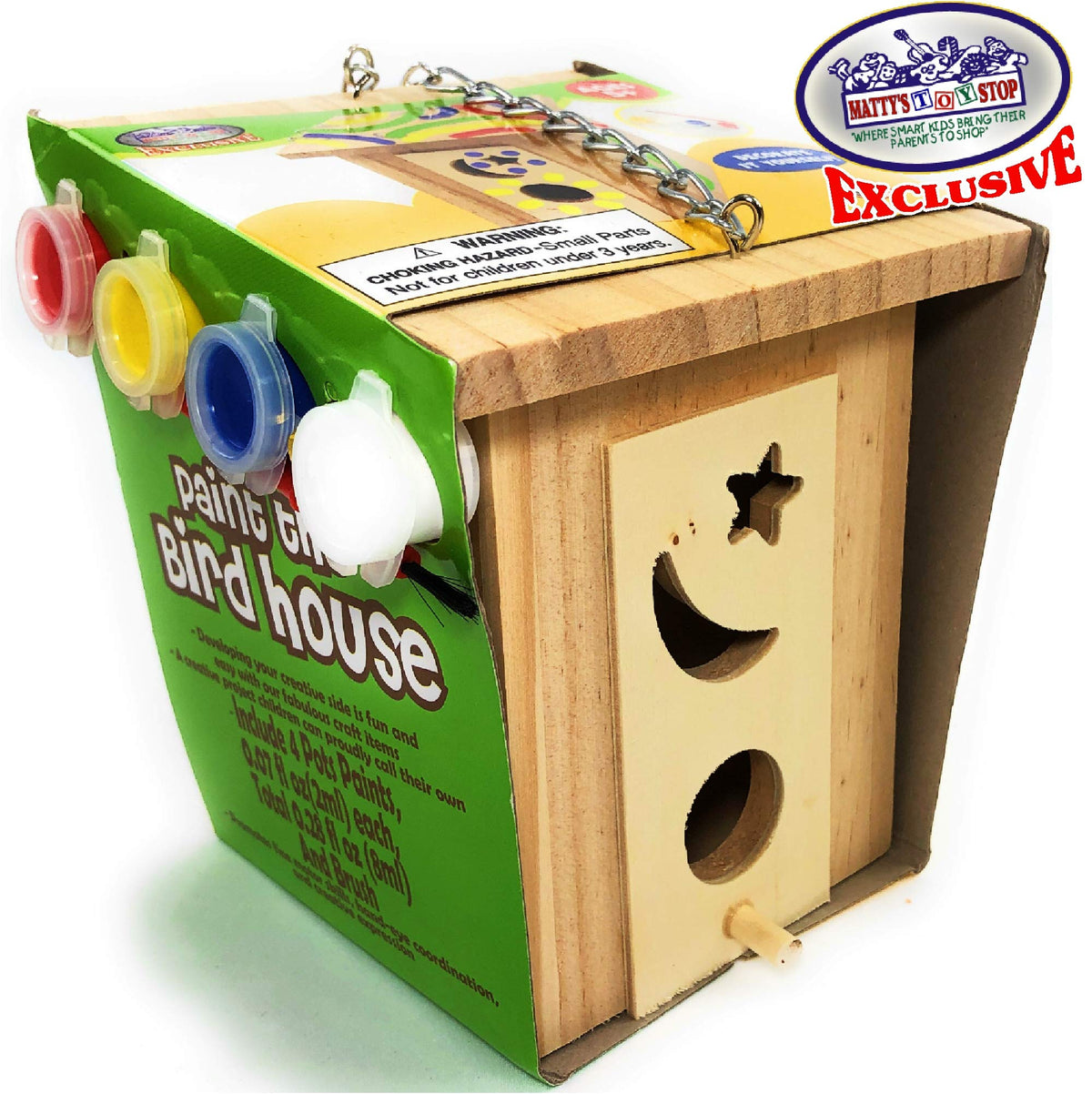 Matty's Toy Stop birdhouse back opening, easy cleaning and access for birds.