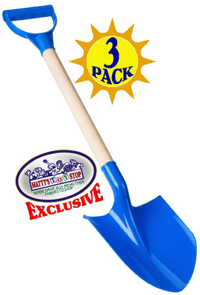 Blue wooden shovel shows ergonomic grip for little hands.