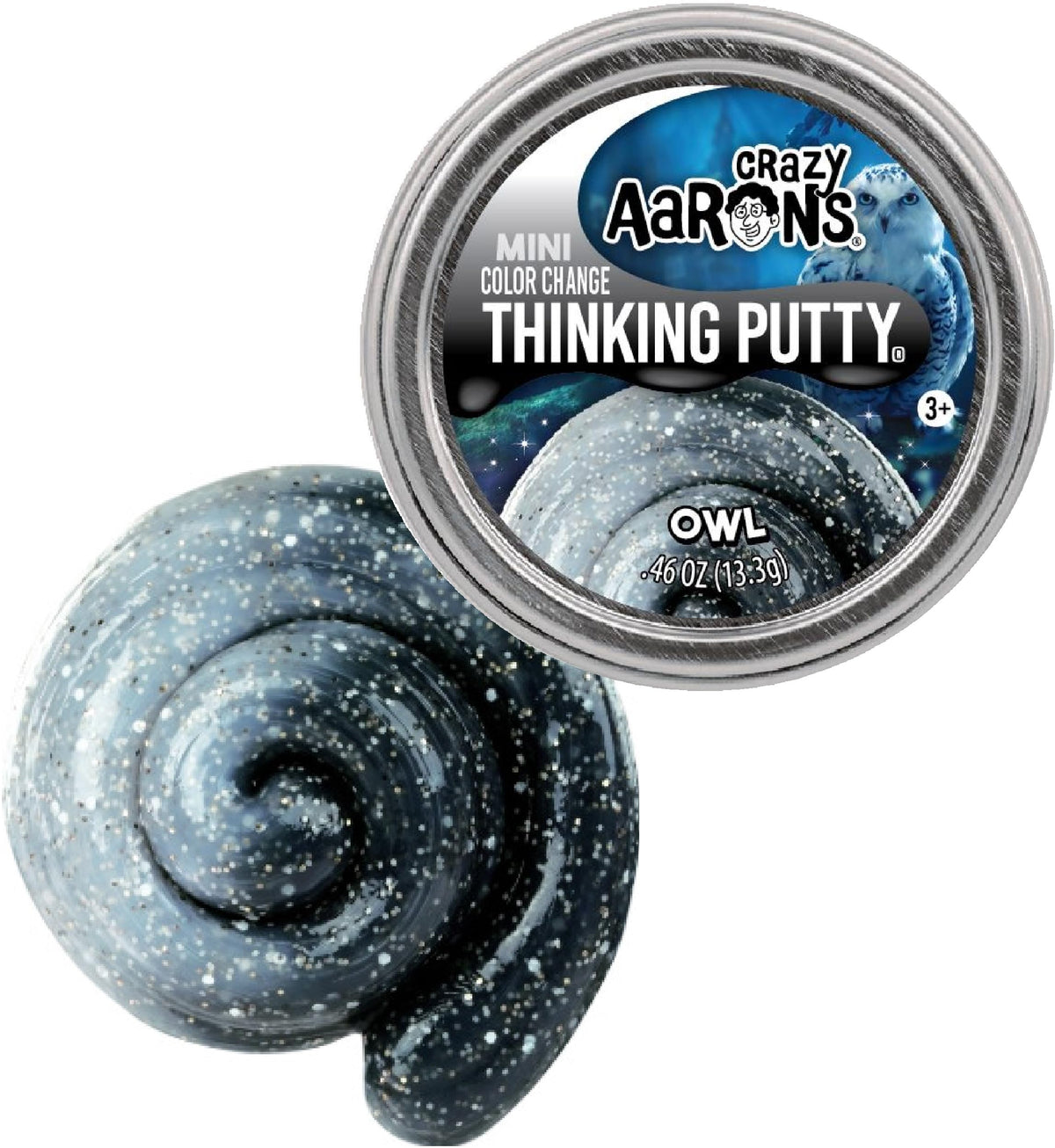 Crazy Aaron's Owl mini putty tin by Matty's Toy Stop with silver sparkle and color-shifting feathers