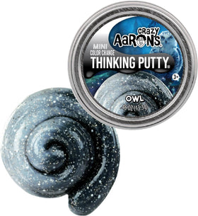 Crazy Aaron's Owl mini putty tin by Matty's Toy Stop with silver sparkle and color-shifting feathers