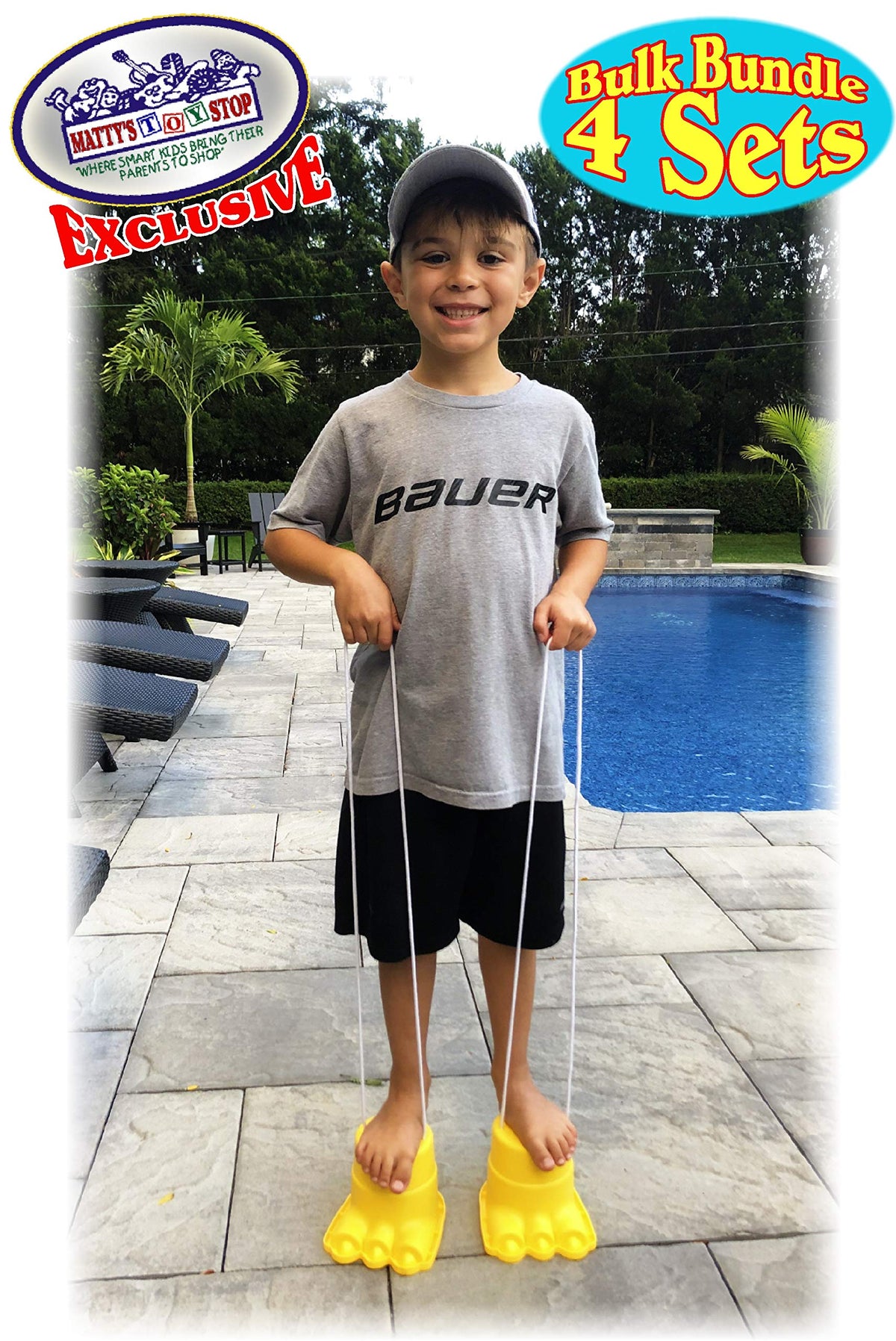 Matty's Toy Stop Monster Feet kids playing indoors with stilts highlighting safe durable plastic