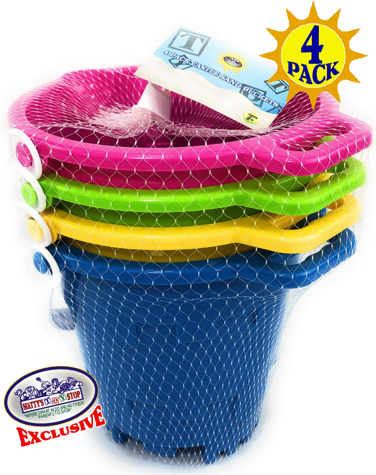 Outdoor play setup with Matty's Toy Stop buckets for beach, sandbox, and pool.