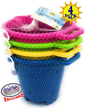 Outdoor play setup with Matty's Toy Stop buckets for beach, sandbox, and pool.