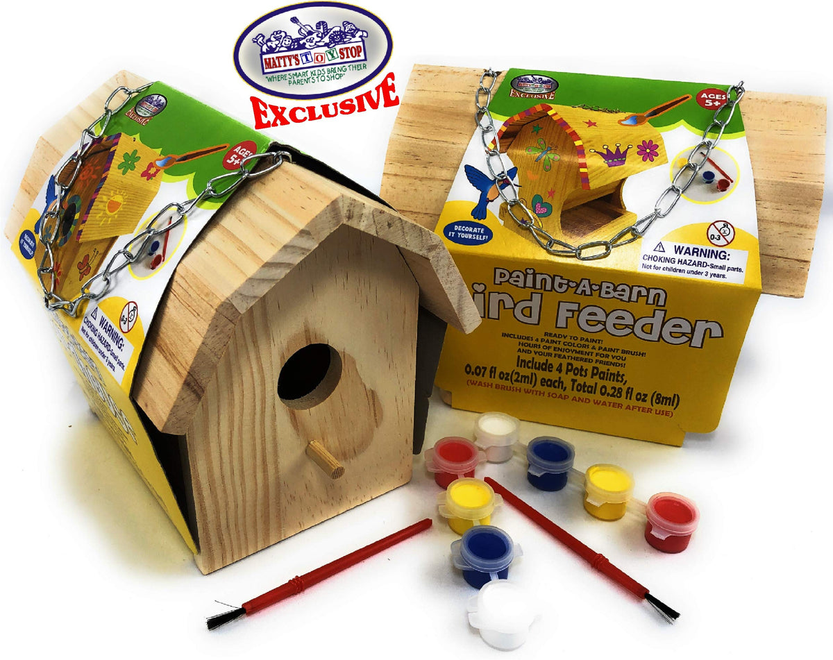 Matty's Toy Stop Paint-A-Barn bird feeder primed for decorating and attracting visiting birds.