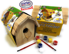 Matty's Toy Stop Paint-A-Barn bird feeder primed for decorating and attracting visiting birds.