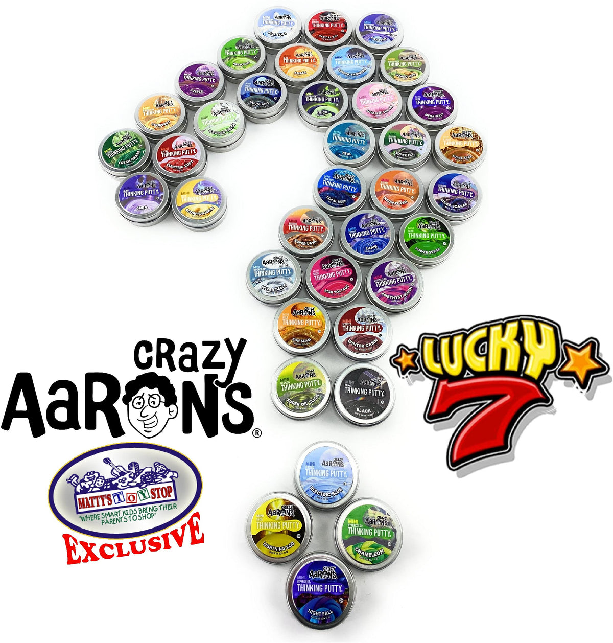 Matty's Toy Stop putty mini tins—7-pack colorful assortment ideal for classrooms and party activities.