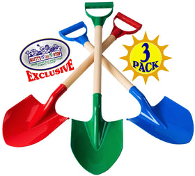 Red wooden shovel highlights reach and durability for sandy digging.
