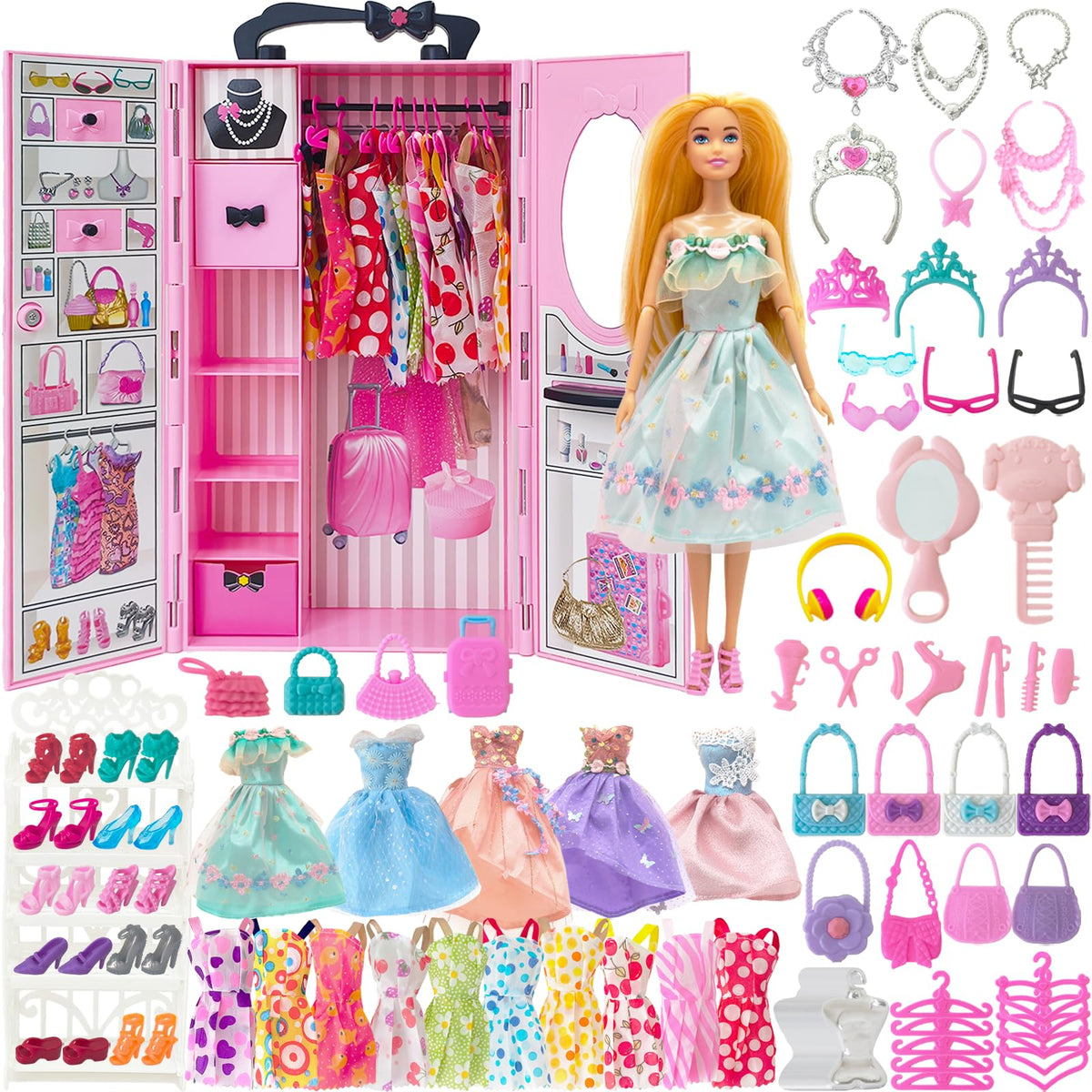 MatYoul doll closet wardrobe in pink with accessories for creative dress-up play