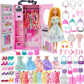 MatYoul doll closet wardrobe in pink with accessories for creative dress-up play