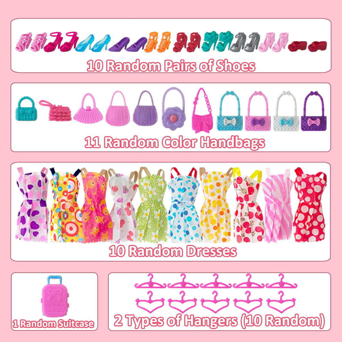Hangers and handbags provide quick outfit switching and storage
