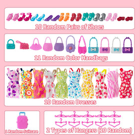 Hangers and handbags provide quick outfit switching and storage